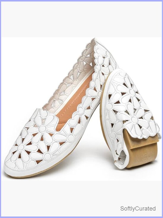 Shoes - Women's Floral Ballet Flats Slip On PU Leather Round Toe Dress Shoes